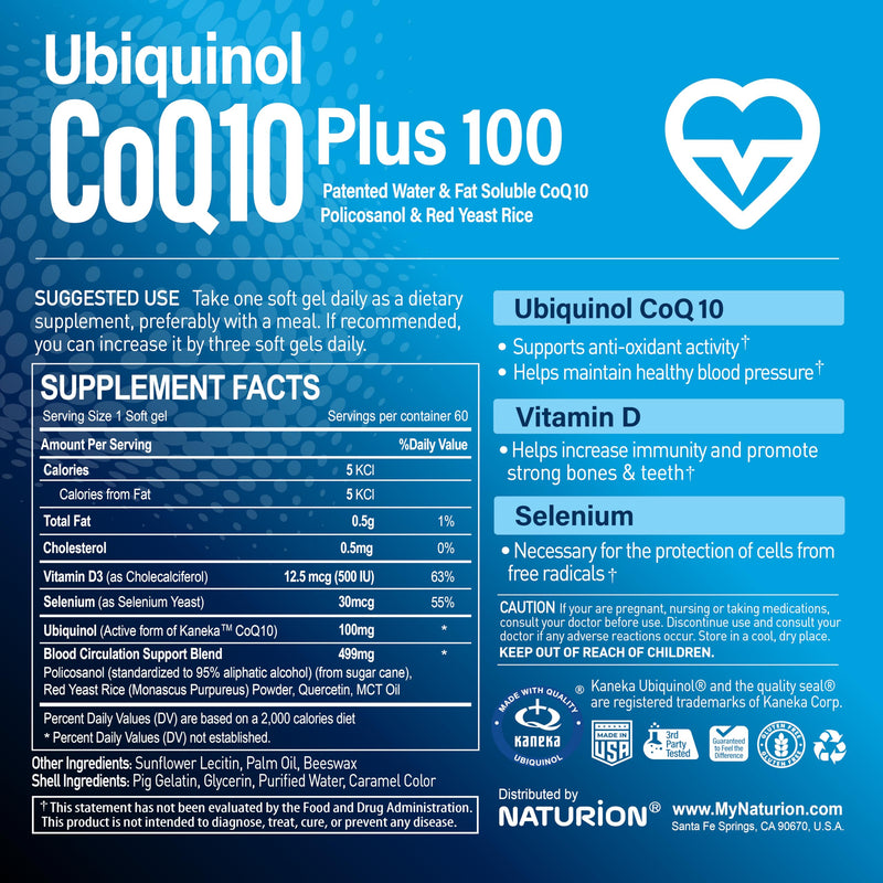 Ubiquinol CoQ10 Plus 100 – Kaneka Ubiquinol, Vitamin D3, Selenium, Circulation Support Blend – 100mg CoQ10 Supplement, 60 Softgels, 60-Day Supply 60 Count (Pack of 1)