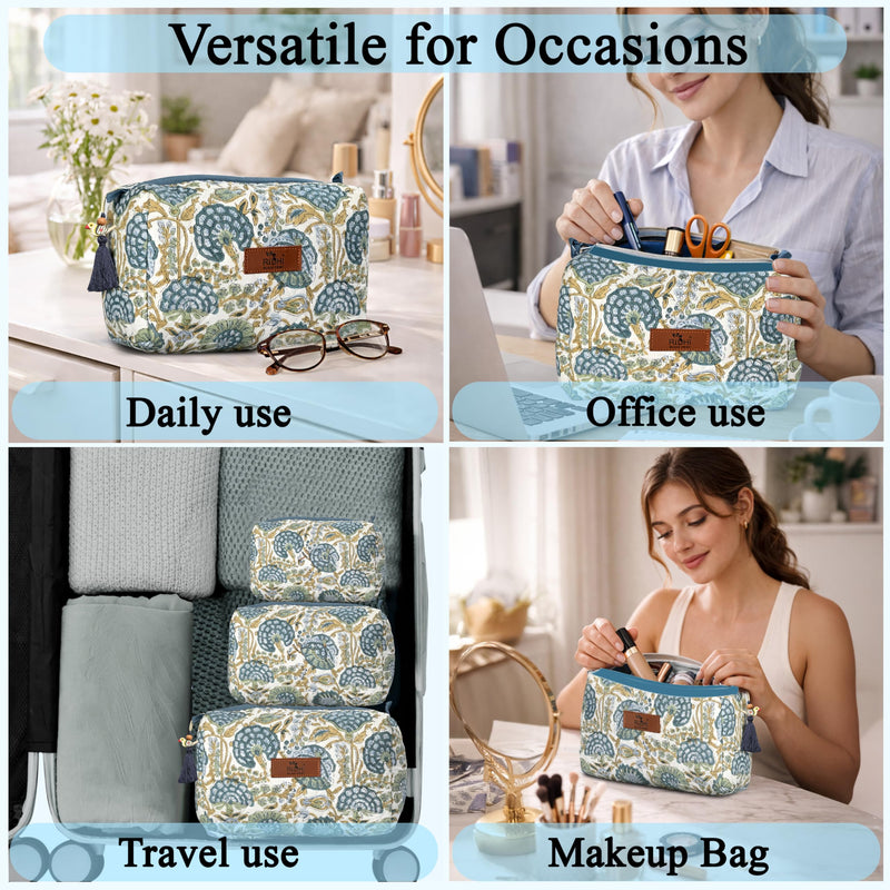 Asparagus Green Hand Block Printed Floral Toiletry Bag For Women 100% Cotton Quilted Set of 3 Waterproof Inner Lining, Cosmetic Jewelry Organizer, Travel Pouch, Essential Storage Purse Gifts Asparagus Green