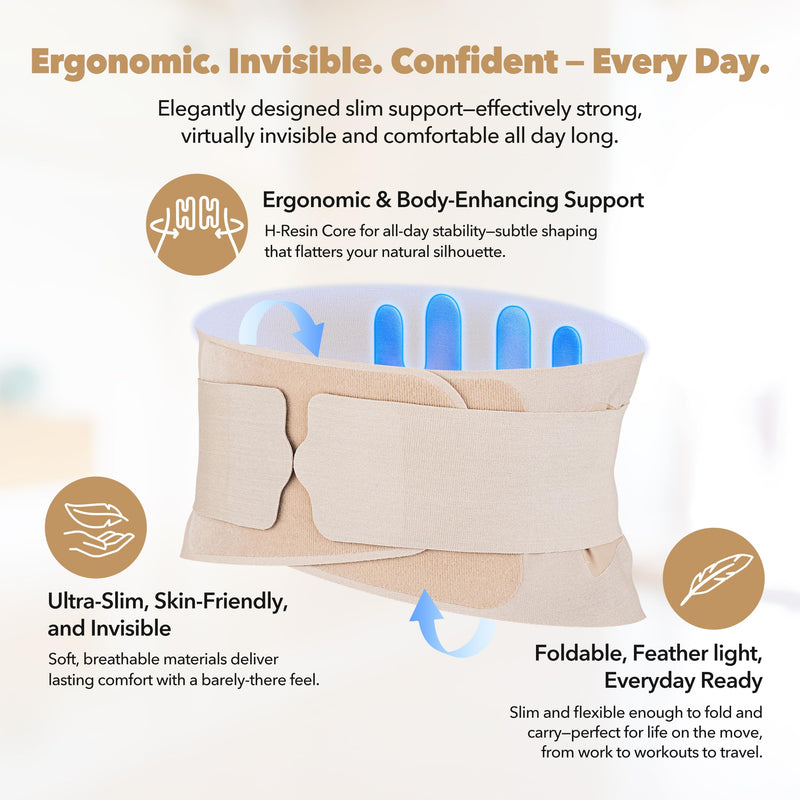 [Australia] - Slim Fit Lower Back Brace – Ultra-Thin Ergonomic H-Shaped Resin Support, Seamless Design for Strong & Comfortable Lumbar Support, Lightweight & Discreet Back Brace (Beige, Large) Beige 