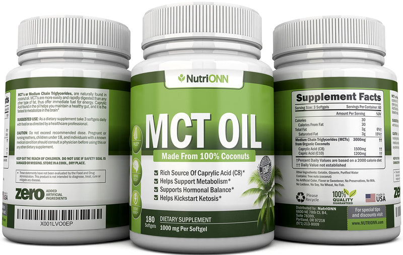 [Australia] - MCT Oil - 3000mg Per Serving - 180 Softgels - Made from 100% Organic Coconuts - Non GMO, Cold Pressed, Paleo Friendly Capsules - Great for Focus & Gut Health 