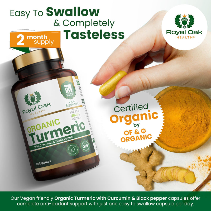 Organic Turmeric and Black Pepper Capsules with 95% Curcumin, tumeric Supplements high Strength, Certified Organic by Soil Association, 60 Vegan Capsules 60 Count (Pack of 1)