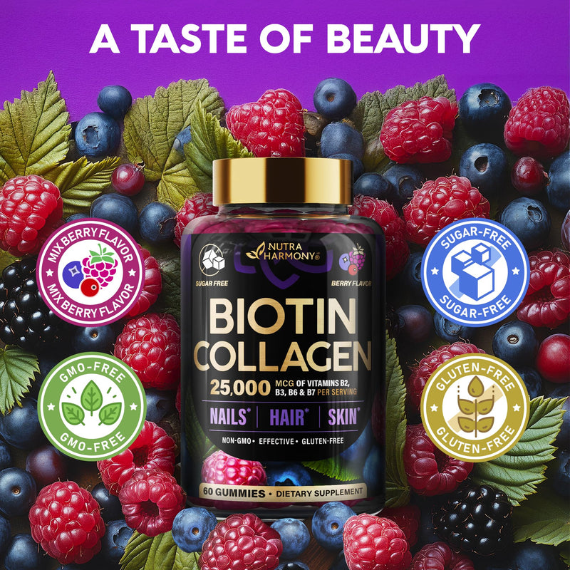 Biotin Gummies for Hair Growth Support - for Women & Men - Berry, 60 Gummy | Biotin 10000mcg, Collagen, Keratin, Hyaluronic Acid, B-Complex, Saw Palmetto - Hair, Skin & Nail Strengt Support - Sugar-Free Mixed berry 60 Count (Pack of 1)
