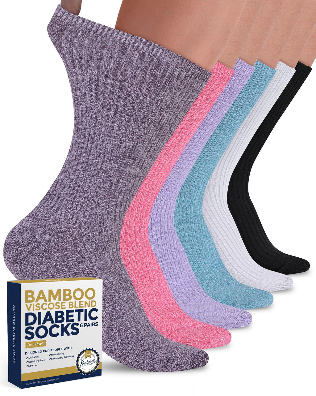 Pembrook Ribbed Knit Bamboo Viscose Diabetic Socks - 6 Pairs Crew Neuropathy Socks for Women | Diabetic Socks for Women Large Black, White, Light Blue, Blue, Purple, Pink