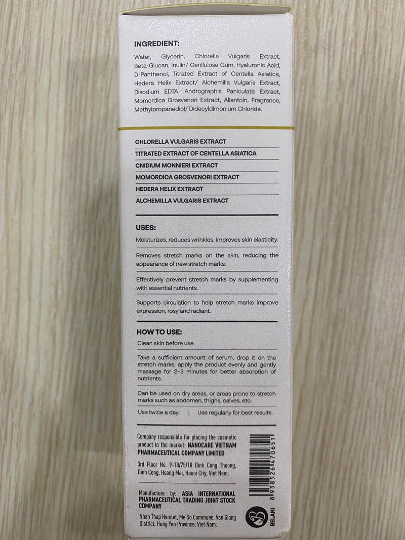 [Australia] - Belani stretch marks, regenerates damaged skin cells, stimulates collagen production and reshapes skin firmness. Deeply moisturizing essence leaves skin soft and flaky 1 Box 
