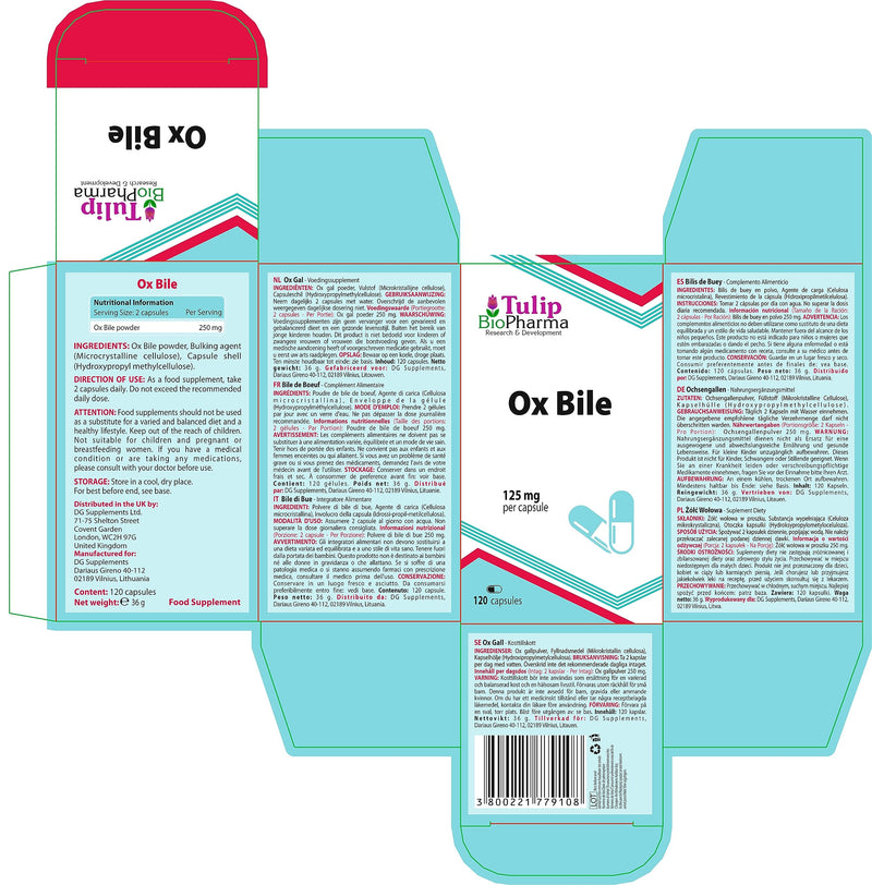 Ox Bile 125mg 120 Capsules, 3rd Party Lab Tested, High Strength Supplement, Gluten and GMO Free