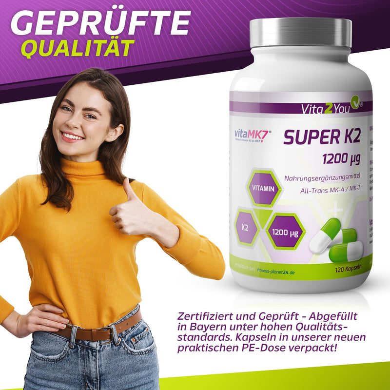 [Australia] - Vita2You Super K2-1200µg Vitamin K2 - Original vitaMK7® - (Natural MK-7) with MK-4 >99% All Trans - 120 capsules - High dosage - Premium quality 