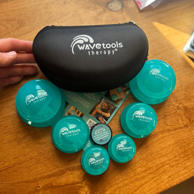 [Australia] - Wavetools Therapy Glide Silicone Sport Cupping Set of Mushroom Cups in case with Balm Ideal for Massage, myofascial Release, Circulation and Scars. (Clear Teal Finish, 6 Pack in case) Clear Teal Finish 