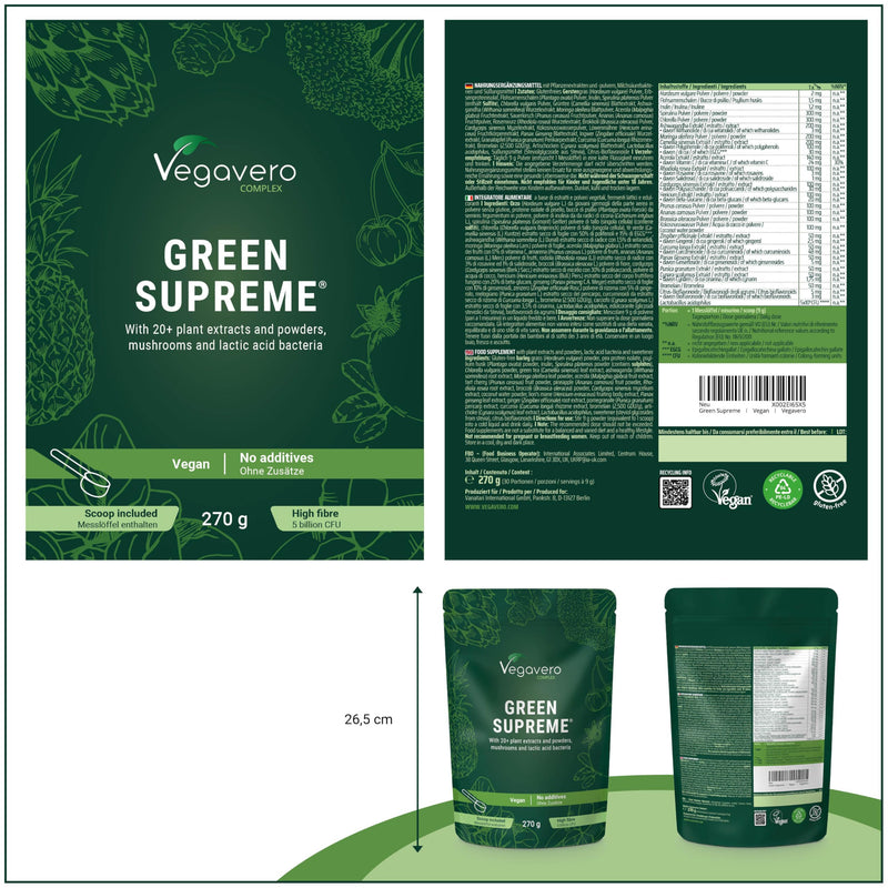 Vegavero Super Greens Powder | 20+ Superfood Ingredients | Morning Complete | Adaptogens, Mushrooms, Algae, Probiotics & Fibre | with Standardised Extracts | Vegan & Gluten-Free