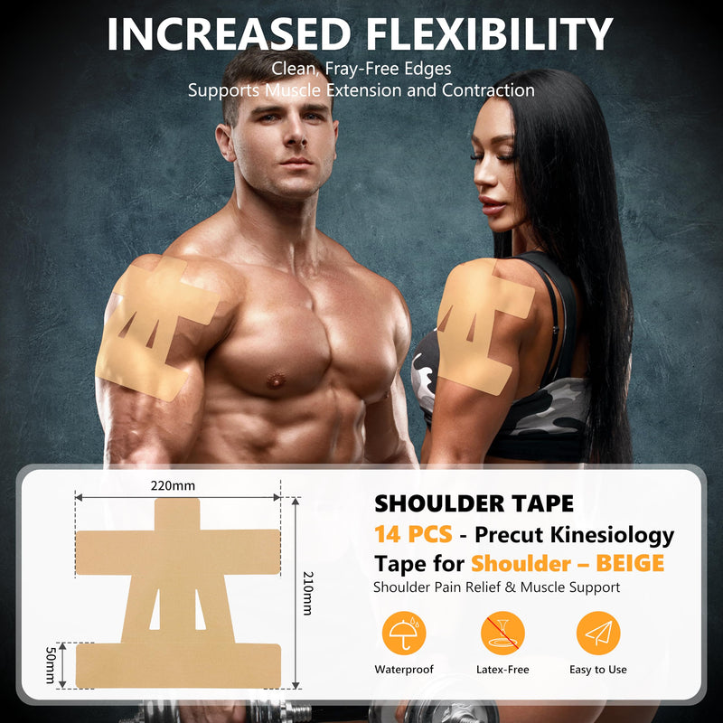 Precut Kinesiology Tape for Shoulder – 14 PCS Elastic Shoulder Support Tape, Waterproof & Breathable, Hypoallergenic Sports Tape for Pain Relief, Beige 14pcs