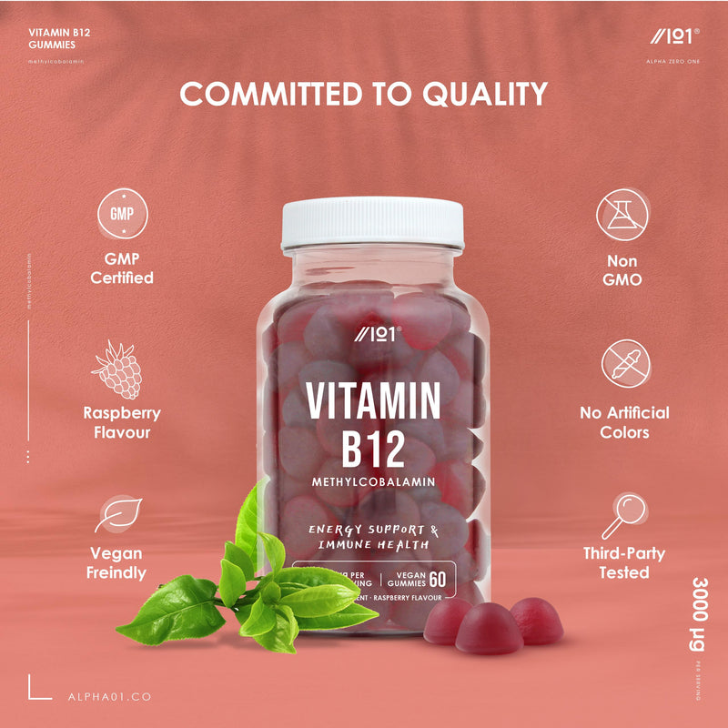 Vitamin B12 Gummies 1,500mcg (per Gummy) - High Strength Methylcobalamin Supplement - Raspberry Flavour - 60 Vegan Gummies by Alpha01 Jar