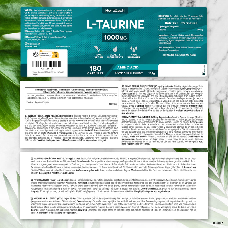 [Australia] - Taurine capsules 1000mg | 180 L Taurine Vegan Piece for Sports & Fitness | Amino acid Taurine | Pre Workout Booster without Caffeine | For 3 months | High dosage | from Horbaach 