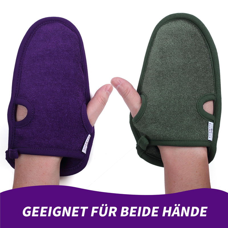 [Australia] - Belmalia 2x peeling gloves made of natural fiber | Body Scrub Sponge Removes Dead Skin | Exfoliating shower sponge for hammam, spa, wellness | Body peeling bath sponge with 2 metal hooks | Purple + Green 