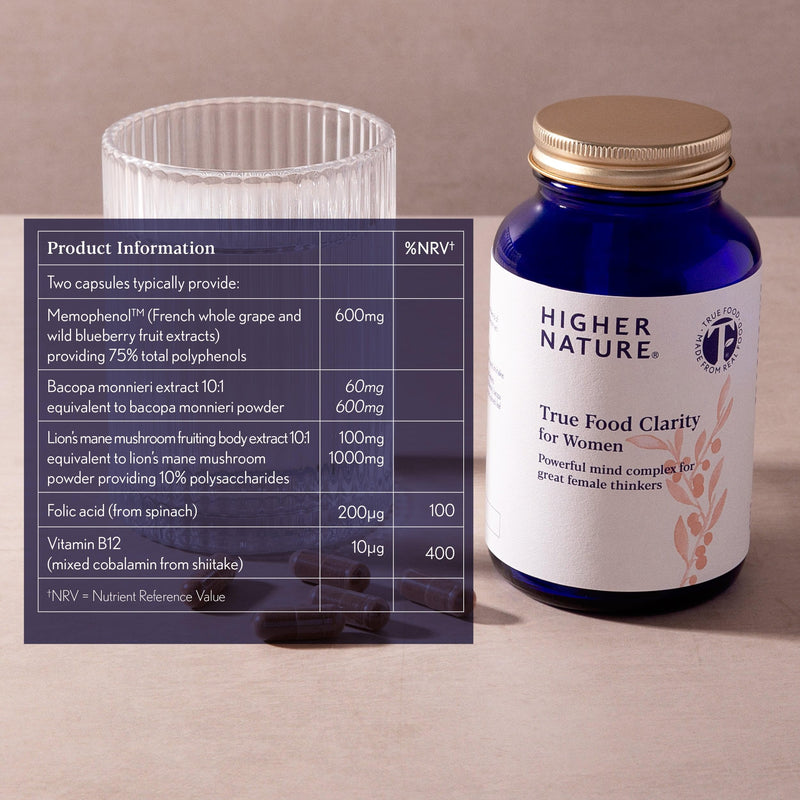Higher Nature - True Food Clarity for Women - Nootropic - Support for Mental Clarity, Energy, Wellbeing & Cognitive Function - Lion's Mane & Vitamin B12 - Vegan - One Month Supply - 60 Capsules