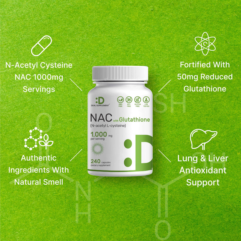 [Australia] - NAC Supplement (N-Acetyl Cysteine) 1,000*mg Per Serving with Reduced Glutathione, 240*Capsules – Antioxidant Support for Immune Health, Lung, & Liver Function 240 Count (Pack of 1) 