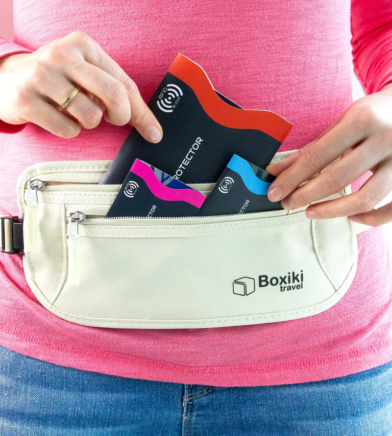 Boxiki Travel RFID Protection Bundle: Money Belt with RFID Sleeves Set and RFID Blocking Sleeves