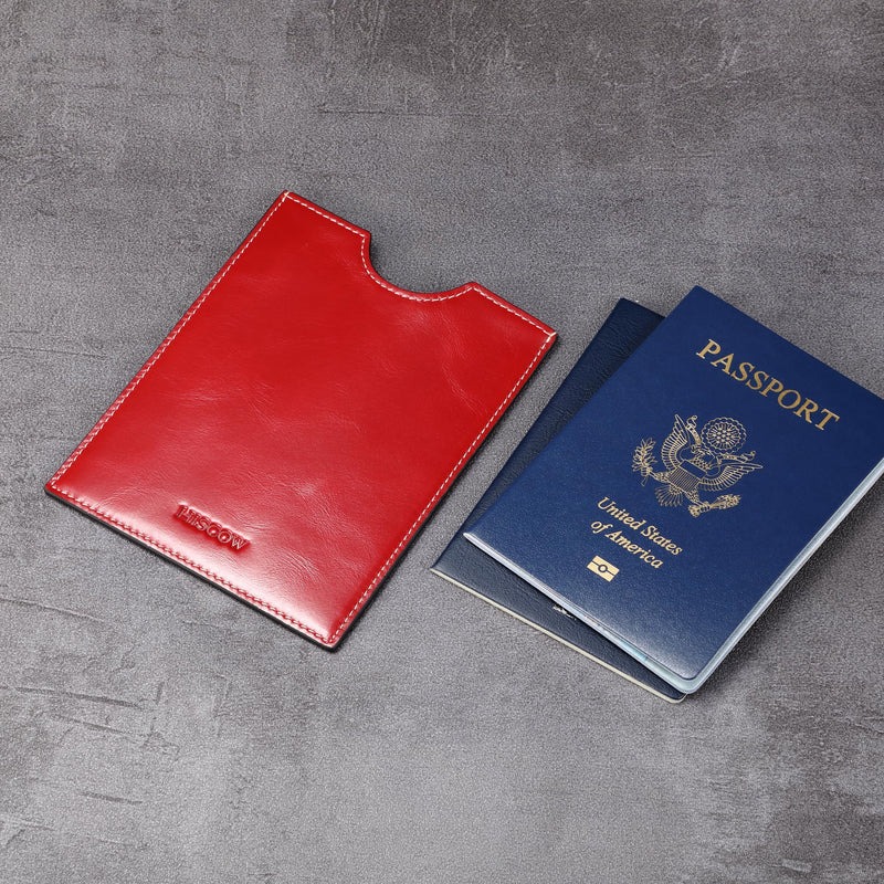 HISCOW Minimalist Leather Passport Sleeve, Slim Holder, Antiqued Red | Full grain cowhide, quick-access U-notch, RFID blocking cover, soft smooth lining, international travel essentials