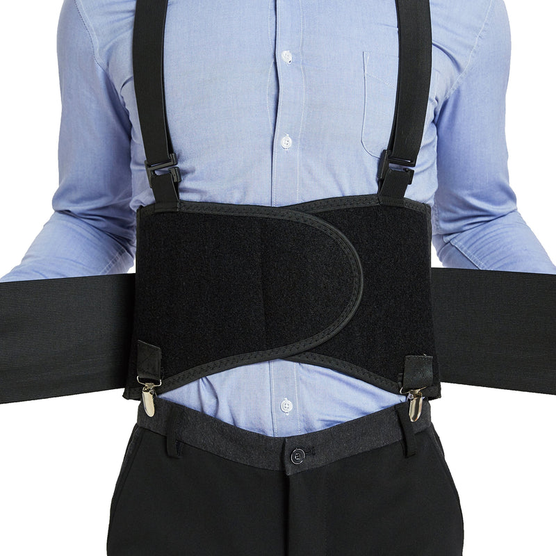 NeoTech Care Lumbar Brace with Removable Pants Clips & Detachable Suspenders - Back Support Belt - Adjustable, Light, Breathable - Shoulder Holsters - Work, Posture (Black, Size M) Black