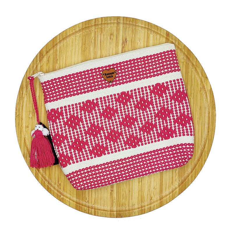 Makeup bags, Cosmetiquera Artesanal de Telar. Souvenir & Regalo Mexicano. Oaxaca Gift. Handmade bags from Oaxaca Mexico. (Beige & Fiucsa) Beige & Fiucsa