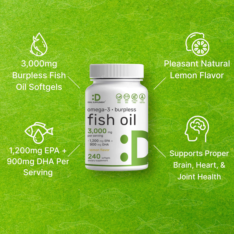 [Australia] - DEAL SUPPLEMENT Omega 3 Fish Oil Supplements, 3,000mg Per Serving, 240 Softgels – EPA 1,200mg + DHA 900mg – Burpless Pills, Lemon Flavored, Wild Caught – Brain & Heart Support – Mercury Free, Non-GMO 