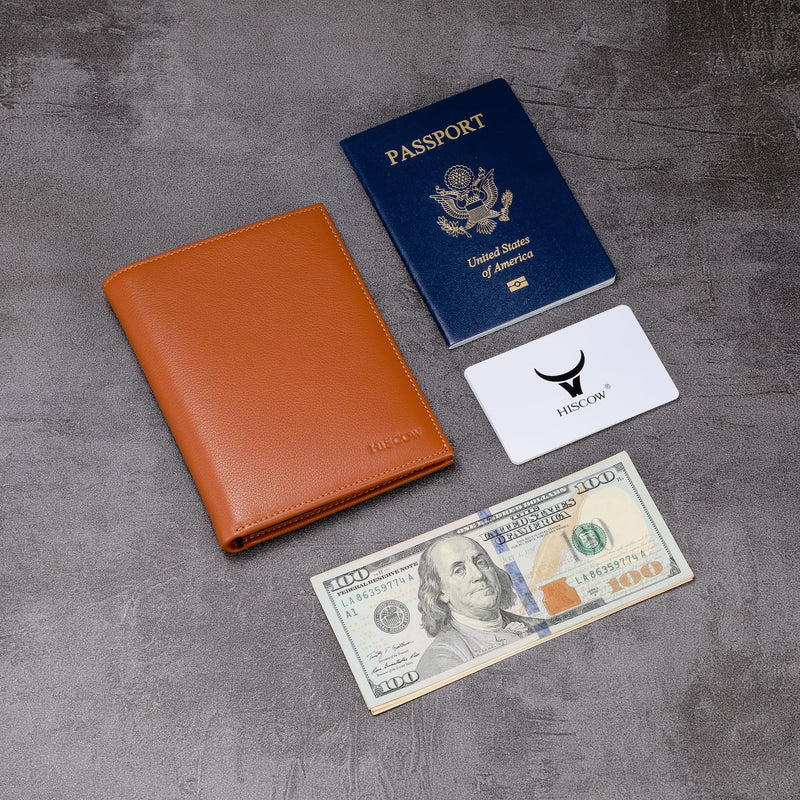 HISCOW Leather Passport Holder for Travel, Bifold Wallet, Tan | Full grain cowhide, RFID blocking, 7 card slots, cash compartment, frosted ID window, travel essentials, premium gift box