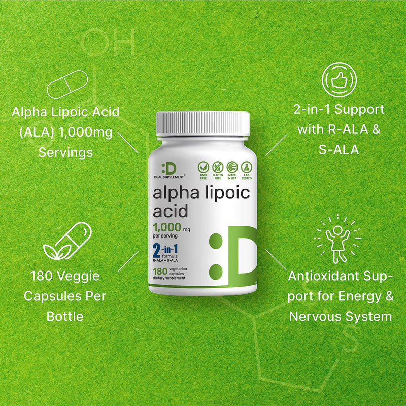 Alpha Lipoic Acid 1,000mg, 180 Veggie Capsules – 50/50 R-ALA & S-ALA for Max Bioavailability – Antioxidant Supplement – Energy & Nervous System Support – Non-GMO ALA 1000mg 2-in-1 180 Count (Pack of 1)