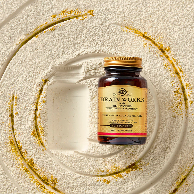 Solgar Brain Works with Full Spectrum Curcumin & BacoMind - Mind and Memory Vitamines - Choline Supplement - Supports Focus & Mental Performance - Gluten Free - Vegan Capsules - Pack of 60