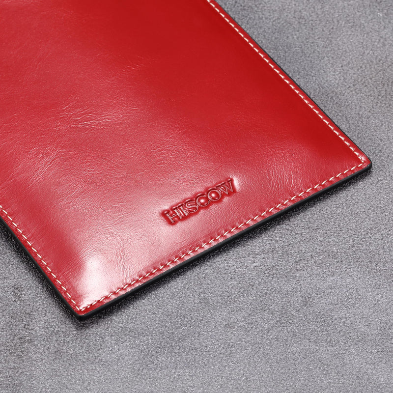 HISCOW Minimalist Leather Passport Sleeve, Slim Holder, Antiqued Red | Full grain cowhide, quick-access U-notch, RFID blocking cover, soft smooth lining, international travel essentials