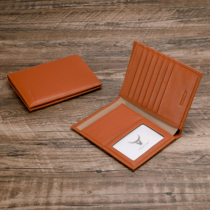 HISCOW Leather Passport Holder for Travel, Bifold Wallet, Tan | Full grain cowhide, RFID blocking, 7 card slots, cash compartment, frosted ID window, travel essentials, premium gift box