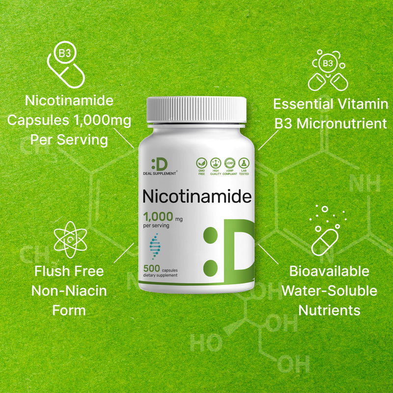 Vitamin B3 Nicotinamide 1,000mg Per Serving – 500 Capsules, Flush Free Niacin, Essential B3 – Supports Healthy Skin & Energy Production – Non-GMO