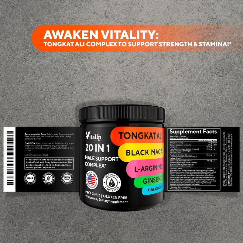 [Australia] - Tongkat Ali for Men 20 in 1 with Astragalus - USA Made Mens Supplement Complex with Black Maca Root, L-Arginine, Ginseng, Calcium, Astragalus for Normal Strength & Endurance Support - 90 Caps 