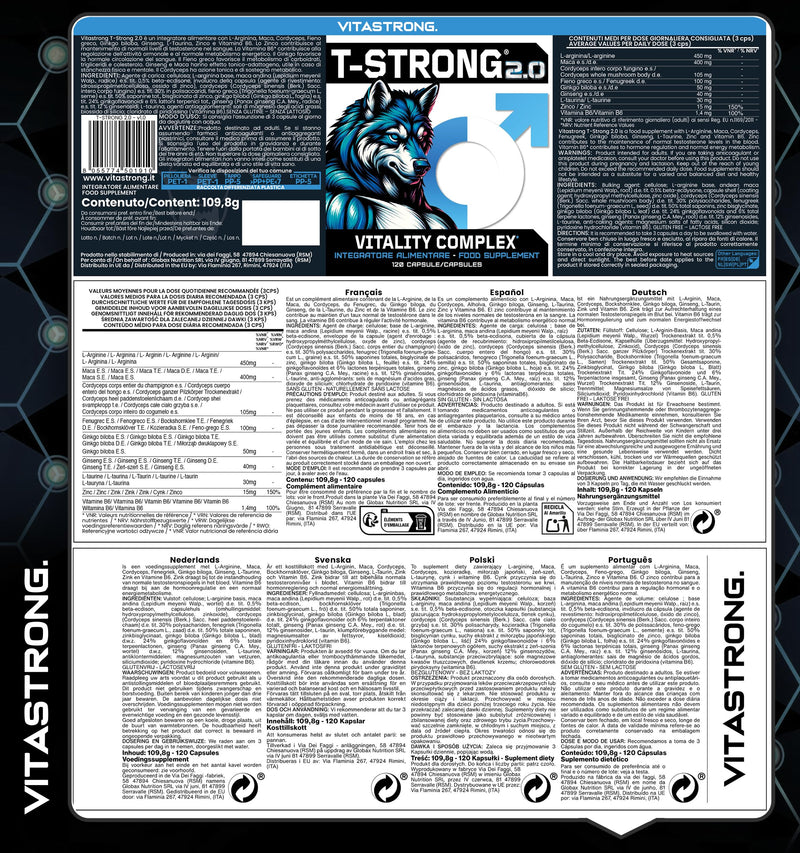 T-Strong 2.0 Vitastrong, Maca Root Vitality Complex Vegan, Arginine, Taurine, Zinc, High Strength Men Supplements, 120 Extra-Strong Maca Root Capsules +Fenugreek Ginkgo Ginseng Vitamin B6