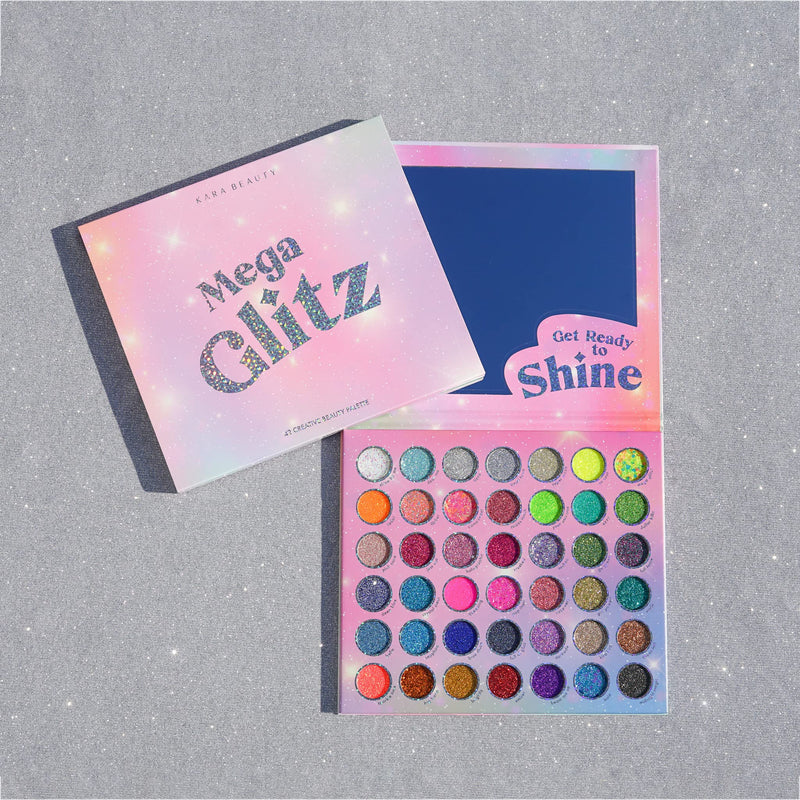 [Australia] - Kara Beauty Mega Glitz Pressed Glitter Palette - 42 Glitter Eyeshadow Shades for Face & Eye Makeup, Fine and Chunky Textures, Makeup Palette, No Glue Needed, Sparkly Makeup Kit for Girls & Kids 