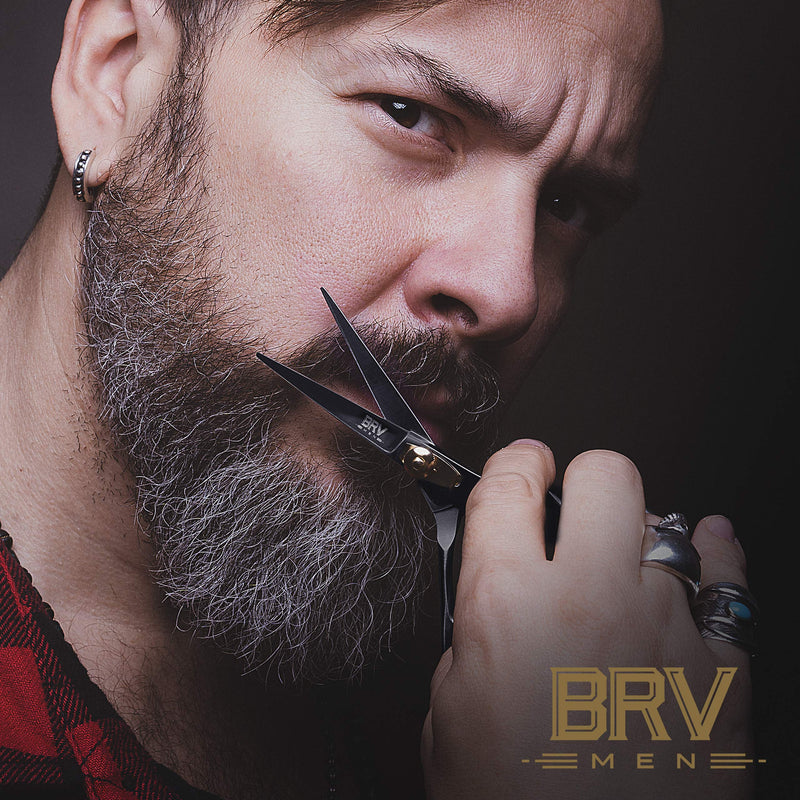 BRV MEN Professional Mustache & Beard Trimming Scissors - 5.5" | High Carbon Stainless Steel & Hammer Forged Mustache Scissors | Razor Sharp Facial Hair Trimming Shears (RIGHT HANDED - Black) Right Handed - Black