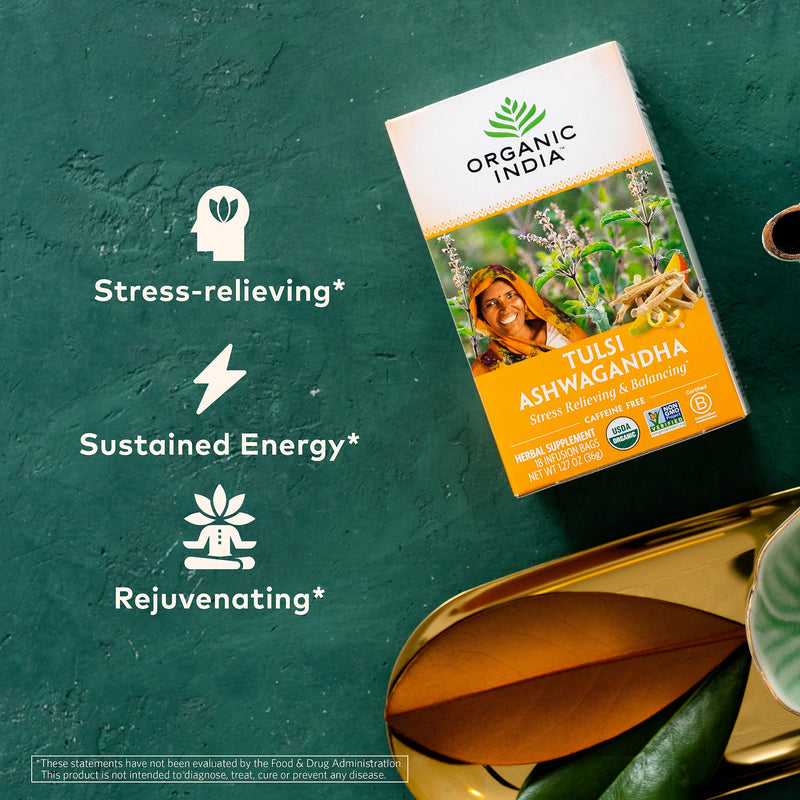 [Australia] - ORGANIC INDIA Calming Tulsi Ashwagandha Herbal Tea - Holy Basil Tea with Ashwagandha Root, Supports Restful Sleep - Adaptogen, Vegan, USDA Certified Organic, Non-GMO - 18 Infusion Bags, 3 Pack 18 Count (Pack of 3) 