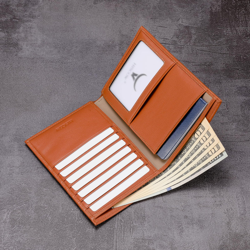 HISCOW Leather Passport Holder for Travel, Bifold Wallet, Tan | Full grain cowhide, RFID blocking, 7 card slots, cash compartment, frosted ID window, travel essentials, premium gift box