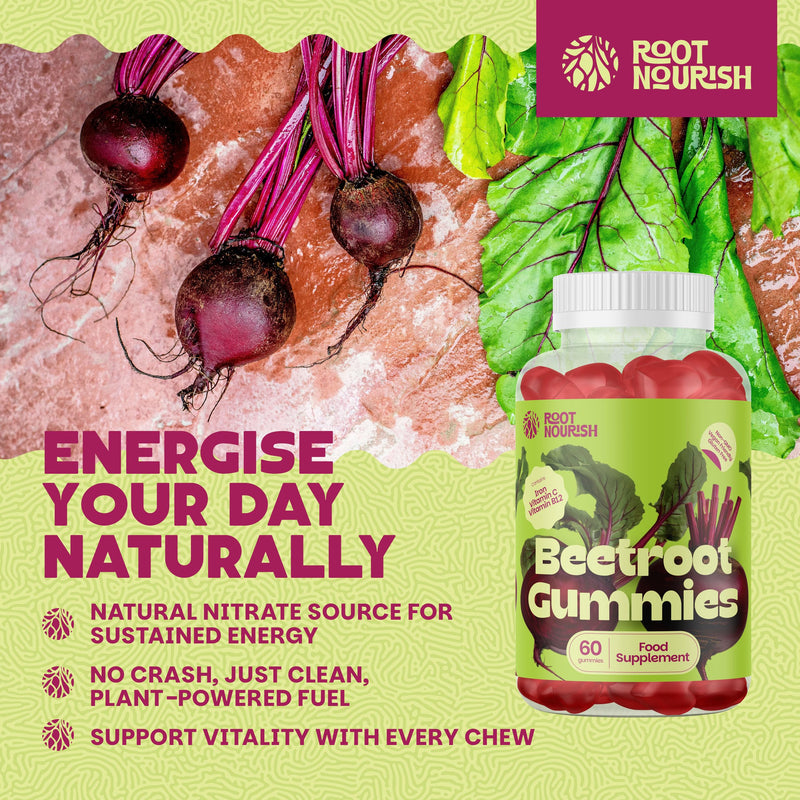 Beetroot Gummies, 60 400mg Beetroot Gummies, High Strength Multi Vitamin Supplement High in Iron, Vitamin C, B12 & Folic Acid Supplement for Energy, Circulation, Tiredness & Immune Support