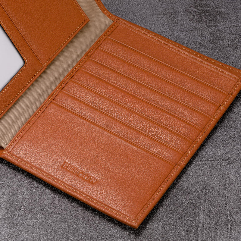 HISCOW Leather Passport Holder for Travel, Bifold Wallet, Tan | Full grain cowhide, RFID blocking, 7 card slots, cash compartment, frosted ID window, travel essentials, premium gift box