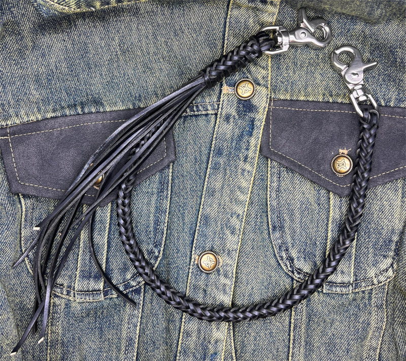 Braided Genuine Leather Wallet Chain With Swivel Trigger Snap ，Stylish Biker Punk Key Chain For Men Black 2