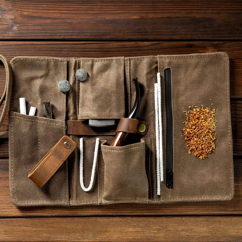 [Australia] - Whitluck's Waxed Canvas Tobacco Smoking Pipe Pouch with Leather Pipe Stand, Travel Pipe Case Bag for 2 Pipes and Other Accessories 