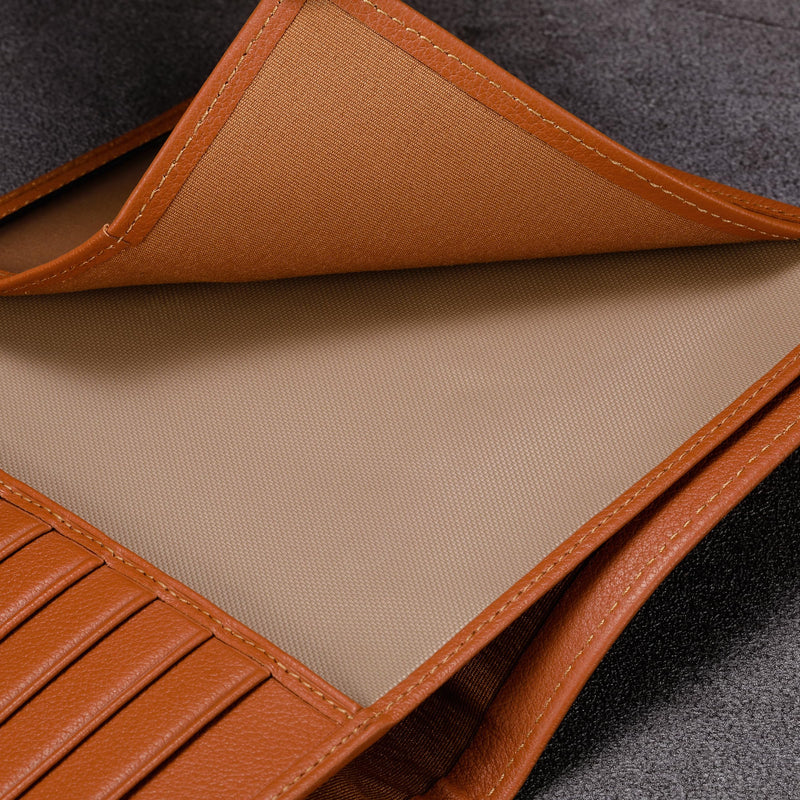 HISCOW Leather Passport Holder for Travel, Bifold Wallet, Tan | Full grain cowhide, RFID blocking, 7 card slots, cash compartment, frosted ID window, travel essentials, premium gift box