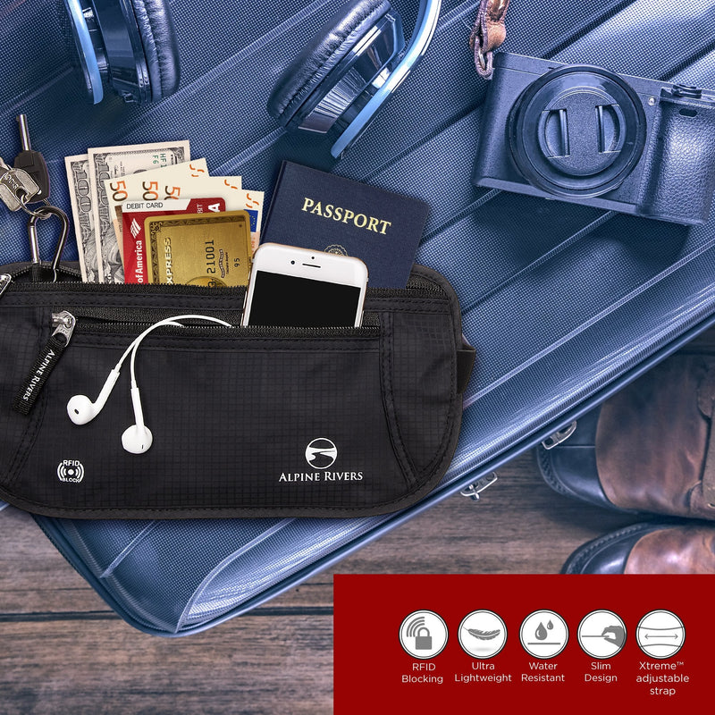 Alpine Rivers Money Belt for Travel - RFID Hidden Wallet, Onyx Black | Triple-layer RFID shielding, hidden passport holder and waist wallet, 7 card sleeves included, fits 26-56 inch waists