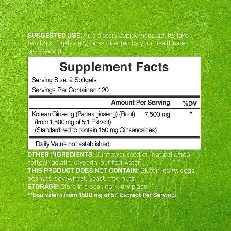 [Australia] - Korean Red Panax Ginseng Root Extract, 7,500mg Per Serving, 240 Softgels – 150mg Active Ginsenosides, 5:1 Max Strength Extract – Energy & Immune Health Supplement – Non-GMO 