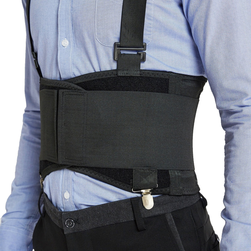 NeoTech Care Lumbar Brace with Removable Pants Clips & Detachable Suspenders - Back Support Belt - Adjustable, Light, Breathable - Shoulder Holsters - Work, Posture (Black, Size M) Black