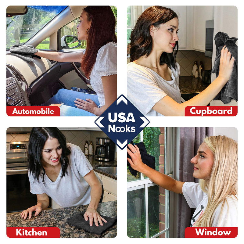 [Australia] - Microfiber Cleaning Cloth - 12Pcs 12.5x12.5 inch High Performance - 1200 Washes, Ultra Absorbent Microfiber Towels for Cars Weave Grime & Liquid for Streak-Free Mirror Shine-Microfiber Cloth Black 