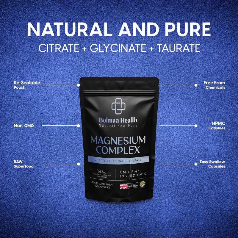 Magnesium Complex | Citrate, Glycinate & Taurate | 193mg Elemental Magnesium Per Serving | Supports Muscle Function, Nerve Function & Energy | 60 Vegan Capsules | Non-GMO 60 count (Pack of 1)