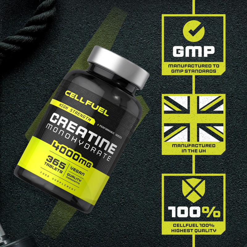 Creatine Monohydrate Tablets 4000mg | 365 Vegan Pills | High Strength Supplement for Women and Men | by CELLFUEL