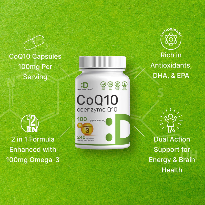[Australia] - CoQ10 100mg, 240 Capsules – with Omega 3 Fatty Acid 100mg – Bioavailable Coenzyme Q10 Supplements – Heart, Energy, & Brain Health Antioxidant Support – Non-GMO, One A Day 240 Count (Pack of 1) 