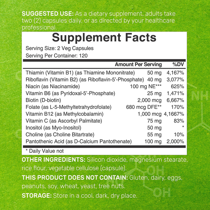 Bioactive Vitamin B Complex for Men & Women, 240 Veggie Capsules - Methylated B Complex & Esterified Vitamin C – High Potency & Easy Absorption – Immune, Energy & Metabolism Supplement – Non-GMO