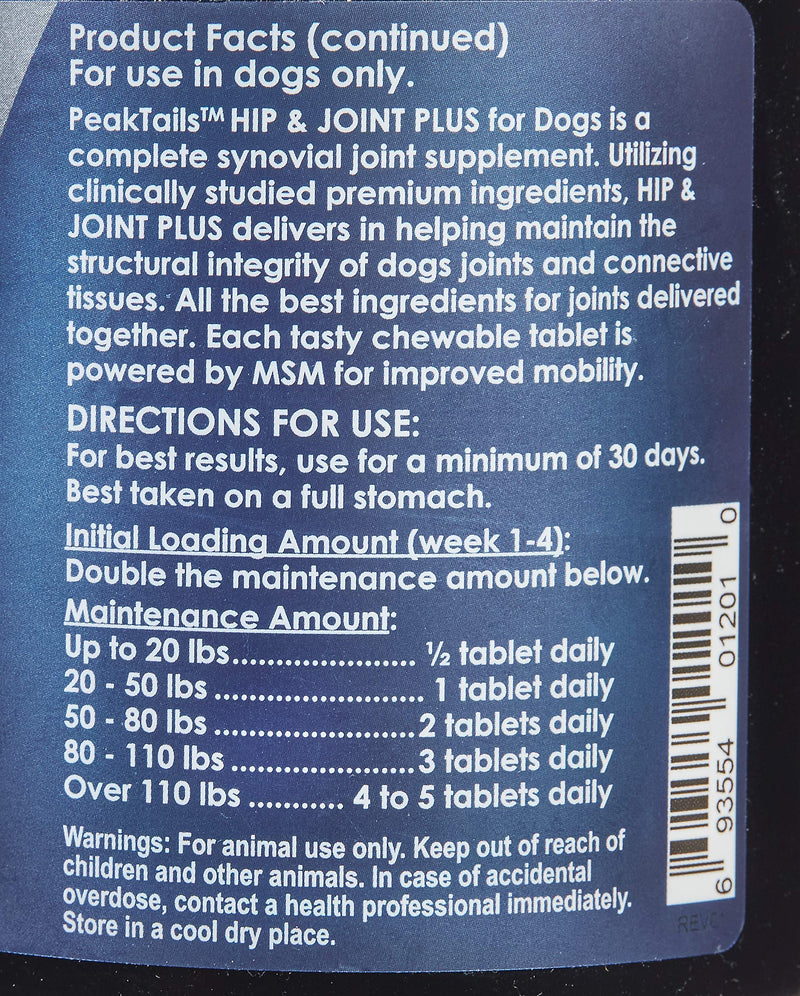 KALA HEALTH PeakTails Arthrix Plus, 90 Count Tablets, Provides Hip & Joint Support for Dogs, Formulated with Clinically Studied Ingredients, MSM, Glucosamine, Chondroitin - PawsPlanet Australia