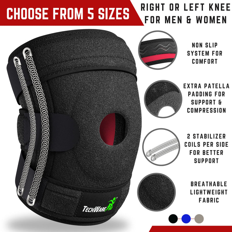 [Australia] - TechWare Pro Knee Brace Support - Knee Braces for Knee Pain. Relieves ACL, LCL, MCL, Meniscus Tear, Arthritis, Tendonitis Pain. Dual Stabilizers Non Slip Neoprene. Adjustable Bi-Directional Straps -5 Sizes Black Large 